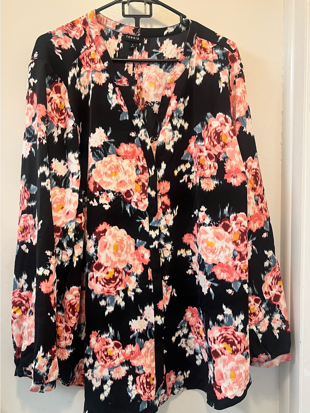 torrid Black Floral Blouse with Pink Rose Print